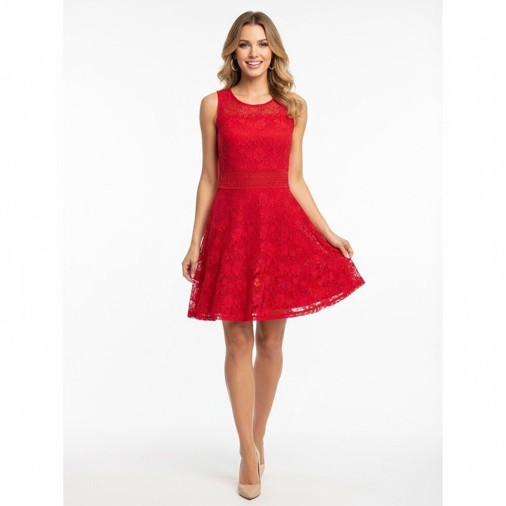 "Bluenotes Red Floral Lace Double Layered Fit & Flare Dress (M)